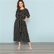 Load image into Gallery viewer, SHEIN Black And White Striped Raglan Sleeve Plus Size Belted Women Wide Leg Jumpsuits Office Lady O Neck Casual Loose Jumpsuit