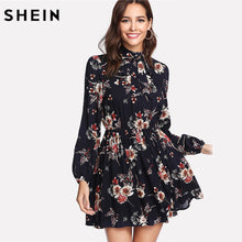 Load image into Gallery viewer, SHEIN Autumn Floral Women Dresses Multicolor Elegant Long Sleeve High Waist A Line Chic Dress Ladies Tie Neck Dress