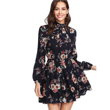 Load image into Gallery viewer, SHEIN Autumn Floral Women Dresses Multicolor Elegant Long Sleeve High Waist A Line Chic Dress Ladies Tie Neck Dress