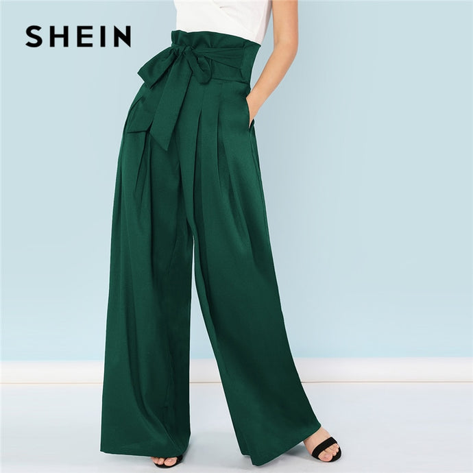 SHEIN Green Elegant Office Lady Self Belted Box Pleated Palazzo High Waist Minimalist Wide Leg Pants 2018 Autumn Casual Trousers