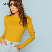 Load image into Gallery viewer, SHEIN Mustard Elegant Minimalist Puff Sleeve Rib Knit Solid Pullovers Slim Fit Tee 2018 Autumn Office Lady Women T-shirt Top