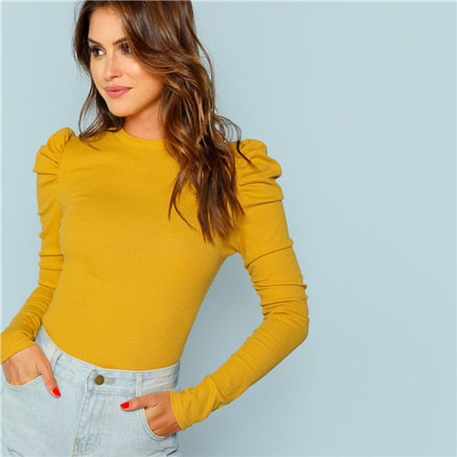 SHEIN Mustard Elegant Minimalist Puff Sleeve Rib Knit Solid Pullovers Slim Fit Tee 2018 Autumn Office Lady Women T-shirt Top