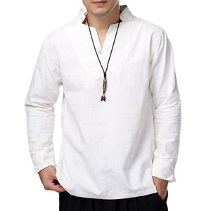 Chinese Mens Shirts Dress Cotton Linen Loose Autumn Long Sleeve Shirts V-Neck Button White Shirt Men Tops Men Clothes Hombre