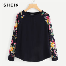 Load image into Gallery viewer, SHEIN Navy Highstreet Elegant Floral Raglan Sleeve Curved Hem Long Sleeve Tee 2018 Autumn Casual Women T-shirt And Top