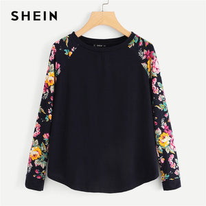 SHEIN Navy Highstreet Elegant Floral Raglan Sleeve Curved Hem Long Sleeve Tee 2018 Autumn Casual Women T-shirt And Top