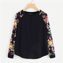 Load image into Gallery viewer, SHEIN Navy Highstreet Elegant Floral Raglan Sleeve Curved Hem Long Sleeve Tee 2018 Autumn Casual Women T-shirt And Top