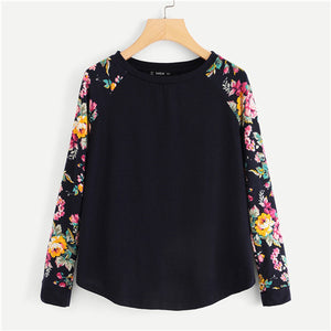 SHEIN Navy Highstreet Elegant Floral Raglan Sleeve Curved Hem Long Sleeve Tee 2018 Autumn Casual Women T-shirt And Top