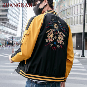 KUANGNAN Chinese Style Men Jacket Coat Dragon Embroidery Streetwear Men Jacket Coat Hip Hop Mens Bomber Jackets 2018 Autumn