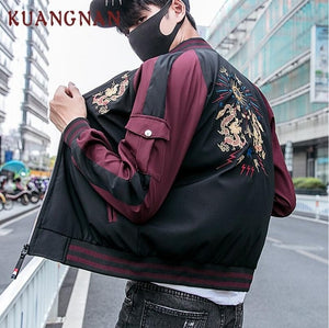 KUANGNAN Chinese Style Men Jacket Coat Dragon Embroidery Streetwear Men Jacket Coat Hip Hop Mens Bomber Jackets 2018 Autumn