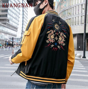 KUANGNAN Chinese Style Men Jacket Coat Dragon Embroidery Streetwear Men Jacket Coat Hip Hop Mens Bomber Jackets 2018 Autumn