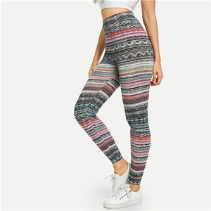 SHEIN Multicolor High Waist Tribal Print Leggings Casual Geometric Striped Pants Women Stretchy Autumn Sexy Sporting Trousers