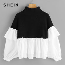 Load image into Gallery viewer, SHEIN Black and White Ruffle Two Tone Mixed Media Dolman Sweater Casual High Neck Batwing Sleeve Pullovers Women Autumn Sweaters