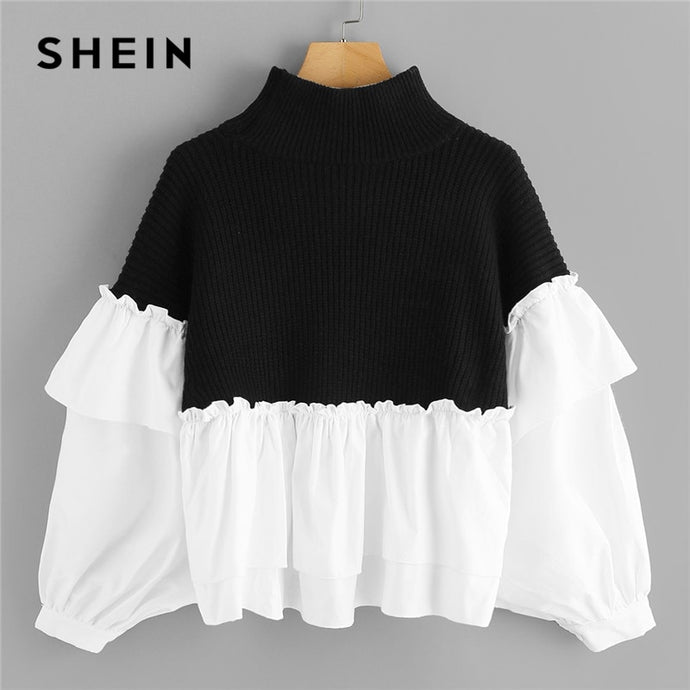 SHEIN Black and White Ruffle Two Tone Mixed Media Dolman Sweater Casual High Neck Batwing Sleeve Pullovers Women Autumn Sweaters