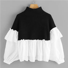 Load image into Gallery viewer, SHEIN Black and White Ruffle Two Tone Mixed Media Dolman Sweater Casual High Neck Batwing Sleeve Pullovers Women Autumn Sweaters