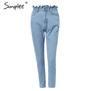 Simplee Pleated push up jeans high waist woman Light blue casual women jeans pants 2018 Autumn winter skinny jeans female