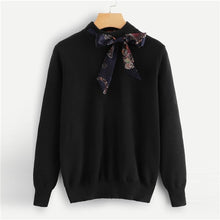 Load image into Gallery viewer, SHEIN Preppy Knotted Decoration Tie Neck Stand Collar Solid Casual Women Sweater New Autumn Campus Highstreet Pullovers Sweaters