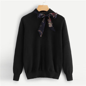 SHEIN Preppy Knotted Decoration Tie Neck Stand Collar Solid Casual Women Sweater New Autumn Campus Highstreet Pullovers Sweaters