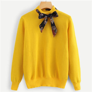 SHEIN Preppy Knotted Decoration Tie Neck Stand Collar Solid Casual Women Sweater New Autumn Campus Highstreet Pullovers Sweaters