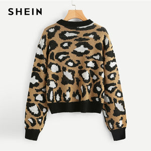 SHEIN Multicolor Elegant Preppy Leopard Print Round Neck Office Lady Jumper New Autumn Women Campus Highstreet Pullovers Sweater