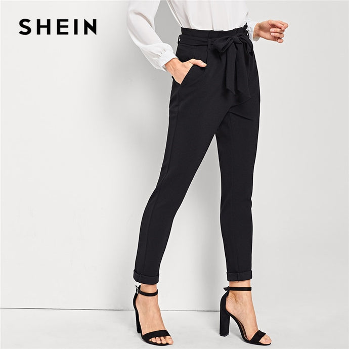 SHEIN Black Elegant Office Lady Slant Pocket Waist Belted Mid Waist Solid Tapered Pants 2018 New Autumn Workwear Women Trousers