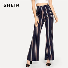 Load image into Gallery viewer, SHEIN Navy Office Lady Highstreet Striped Elastic Waist Flare Leg Elegant Pants 2018 New Autumn Women Workwear Trousers