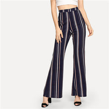 Load image into Gallery viewer, SHEIN Navy Office Lady Highstreet Striped Elastic Waist Flare Leg Elegant Pants 2018 New Autumn Women Workwear Trousers