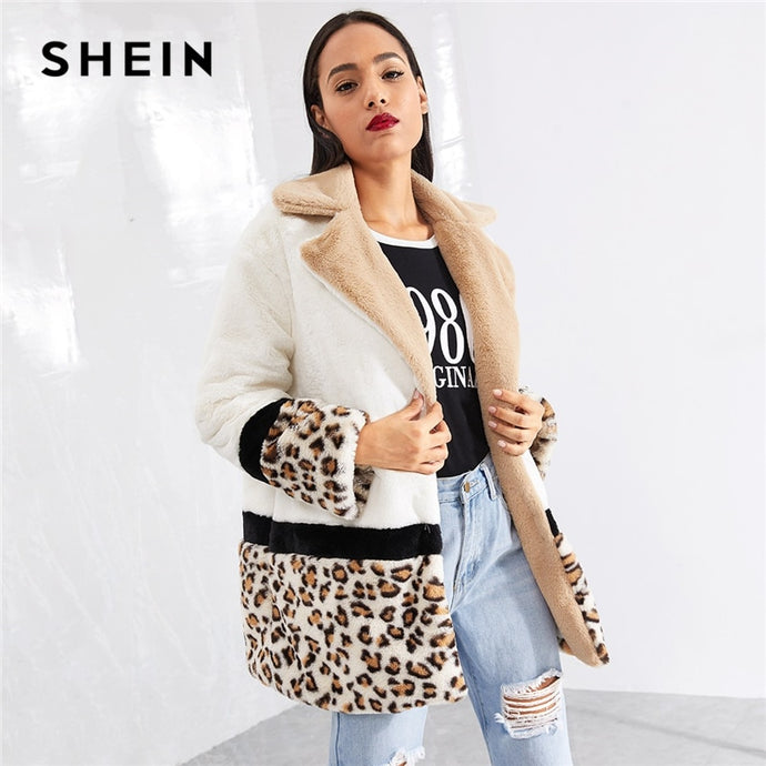 SHEIN Multicolor Highstreet Cut and Sew Leopard Panel Faux Fur Teddy Coat Weekend Casual Elegant Women Coats Outerwear