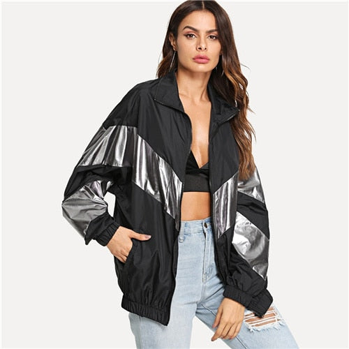 SHEIN Multicolor Metallic Panel Insert Drop Shoulder Jacket Women Colorblock Zipper Pocket Modern Lady Autumn Jackets