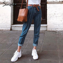 Load image into Gallery viewer, Simplee Sexy stripe blue jeans women pants Zipper pocket denim pants Casual streetwaer autumn trousers 2018 high waist pants