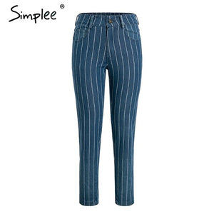 Simplee Sexy stripe blue jeans women pants Zipper pocket denim pants Casual streetwaer autumn trousers 2018 high waist pants