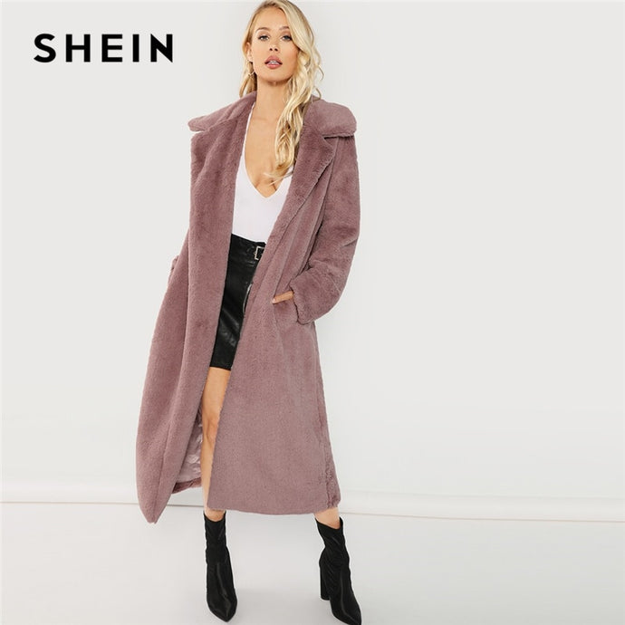 SHEIN Pink Office Lady Elegant Open Front Longline Faux Fur Teddy Solid Coat 2018 Autumn Minimalist Women Coats Outerwear