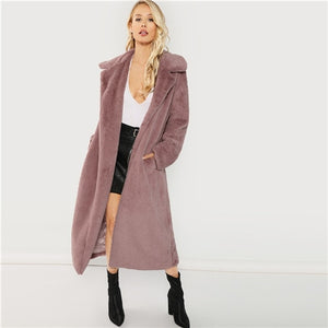 SHEIN Pink Office Lady Elegant Open Front Longline Faux Fur Teddy Solid Coat 2018 Autumn Minimalist Women Coats Outerwear