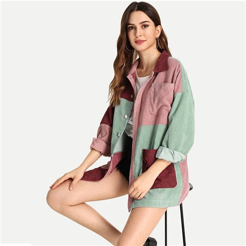 SHEIN Multicolor Elegant Modern Lady Cut and Sew Pocket Front Buttoned Coat 2018 Autumn Weekend Casual Women Coat And Outerwear