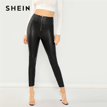 Load image into Gallery viewer, SHEIN Black Modern Lady Minimalist Casual Exposed Zip Front Skinny Solid Leggings 2018 New Autumn Sexy Women Pants Trousers