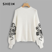 Load image into Gallery viewer, SHEIN White Bishop Sleeve Eyelet Detail Jumper Elegant Casual Round Neck Long Sleeve Sweater Women Autumn Pullovers Sweaters