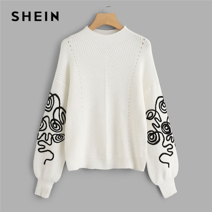 SHEIN White Bishop Sleeve Eyelet Detail Jumper Elegant Casual Round Neck Long Sleeve Sweater Women Autumn Pullovers Sweaters