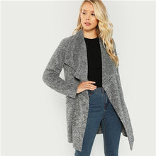 Load image into Gallery viewer, SHEIN Grey Office Lady Elegant Waterfall Collar Solid Knee Length Teddy Coat 2018 Autumn Casual Fashion Women Coats Outerwear