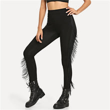 Load image into Gallery viewer, SHEIN Black Highstreet Casual Tassel Fringe Embellished Solid Leggings 2018 Autumn Modern Lady Fashion Women Pants Trousers