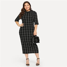 Load image into Gallery viewer, SHEIN Elegant Plaid Bodycon Plus Size Long Pencil Dresses Womens 2018 Office Lady Stand Collar Grid Print Slim Fit Dress