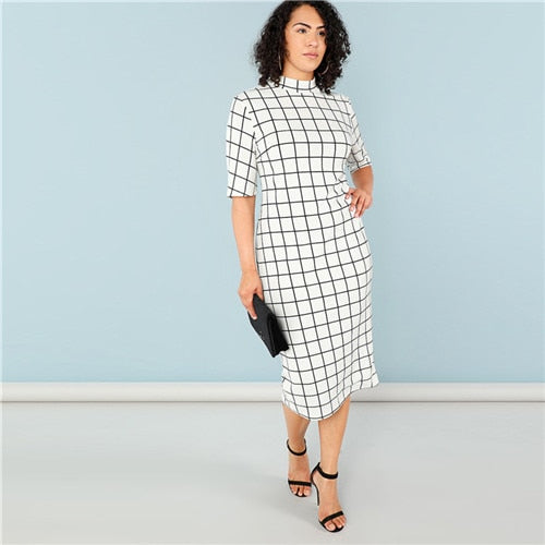 SHEIN Elegant Plaid Bodycon Plus Size Long Pencil Dresses Womens 2018 Office Lady Stand Collar Grid Print Slim Fit Dress