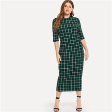 Load image into Gallery viewer, SHEIN Elegant Plaid Bodycon Plus Size Long Pencil Dresses Womens 2018 Office Lady Stand Collar Grid Print Slim Fit Dress