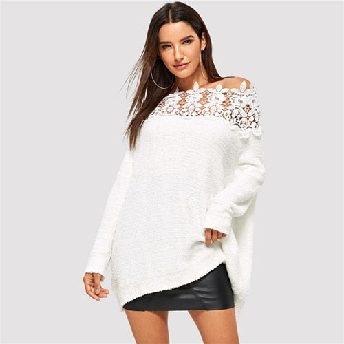 SHEIN White Floral Lace Insert Solid Sweater Elegant Casual Oversized Long Sleeve Pullovers Women Autumn Highstreet Sweaters