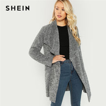 Load image into Gallery viewer, SHEIN Grey Office Lady Elegant Waterfall Collar Solid Knee Length Teddy Coat 2018 Autumn Casual Fashion Women Coats Outerwear