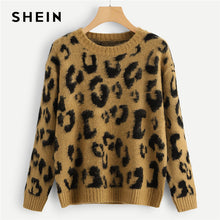 Load image into Gallery viewer, SHEIN Multicolor Highstreet Elegant Leopard Print Fuzzy Round Neck Pullovers Jumper 2018 Autumn Casual Campus Women Sweaters