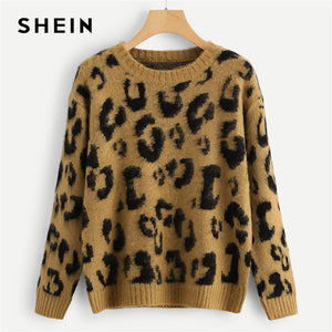 SHEIN Multicolor Highstreet Elegant Leopard Print Fuzzy Round Neck Pullovers Jumper 2018 Autumn Casual Campus Women Sweaters