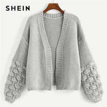 Load image into Gallery viewer, SHEIN Grey Preppy Campus Crochet Bishop Sleeve Marled Solid Cardigan Casual Sweater  2018 Autumn Elegant Women Sweaters