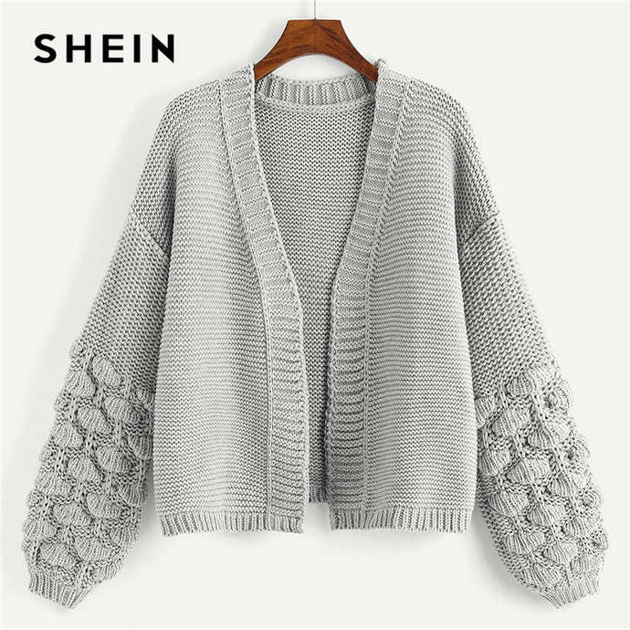 SHEIN Grey Preppy Campus Crochet Bishop Sleeve Marled Solid Cardigan Casual Sweater  2018 Autumn Elegant Women Sweaters