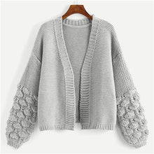 Load image into Gallery viewer, SHEIN Grey Preppy Campus Crochet Bishop Sleeve Marled Solid Cardigan Casual Sweater  2018 Autumn Elegant Women Sweaters