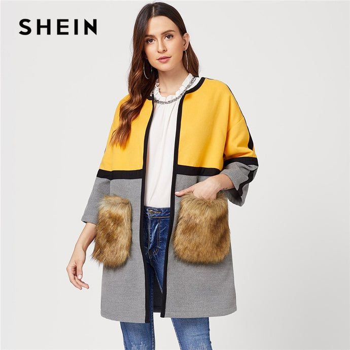 SHEIN Open Front Colorblock Elegant Long Faux Fur Coat Women 2018 Casual Streetwear Ladies Outwear Office Warm Winter Coats