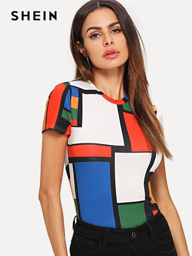 SHEIN Geometric Print Color Block Top Multicolor Short Sleeve Round Neck Tee Women Raglan Sleeve Slim Fit Pullovers T-shirt